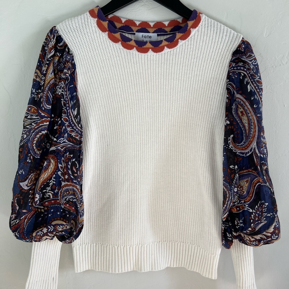Fate White Sweater with Paisley Sleeves